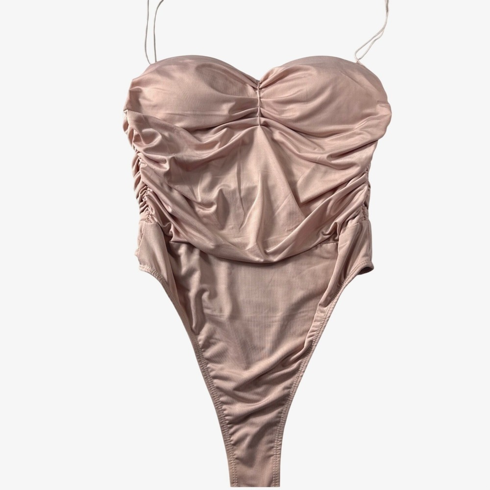 Salty Womens Ruched Sweetheart Bodysuit Pink Mauve Thong Bottom Size M